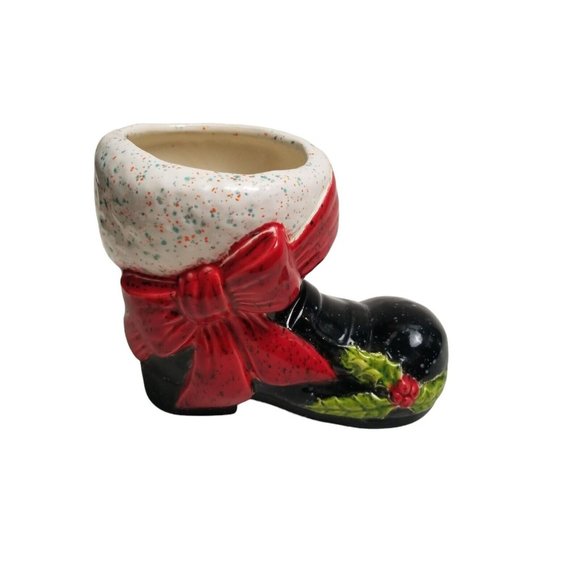Ceramic Santa Claus Boot Black Christmas Vintage Holly Vase Planter Holiday Bow - Picture 2 of 14